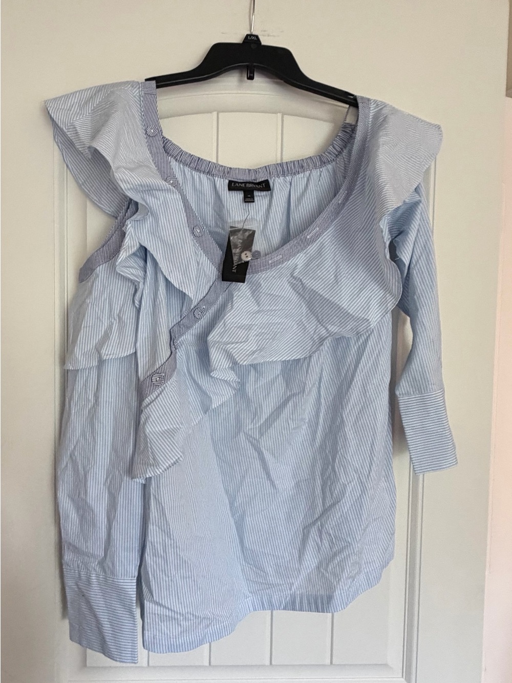 Lane Bryant Light Blue Striped Ruffle One-Shoulder Blouse